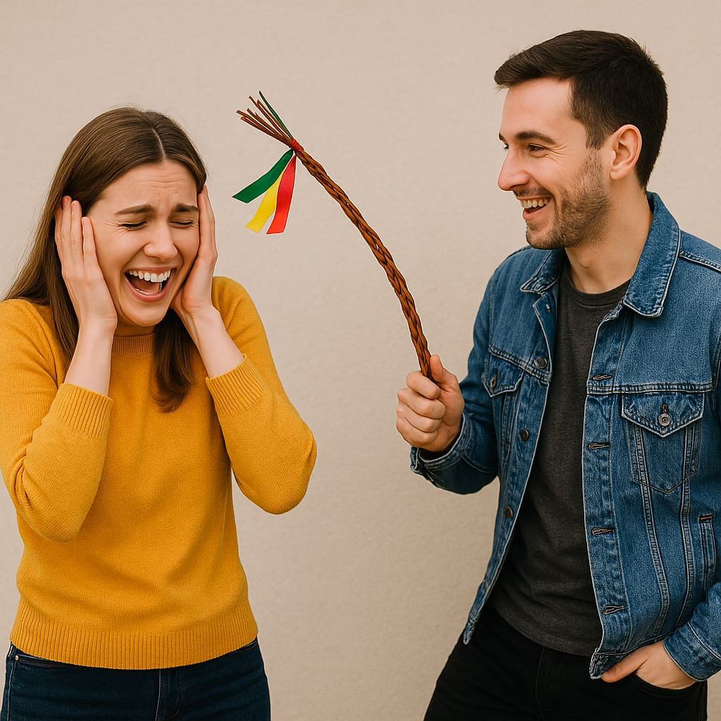 A young man playfully holding a traditional Czech Easter pomlázka whip with colorful ribbons, smiling as he pretends to whip a laughing young woman who covers her ears in mock fear, both dressed casually against a plain background.