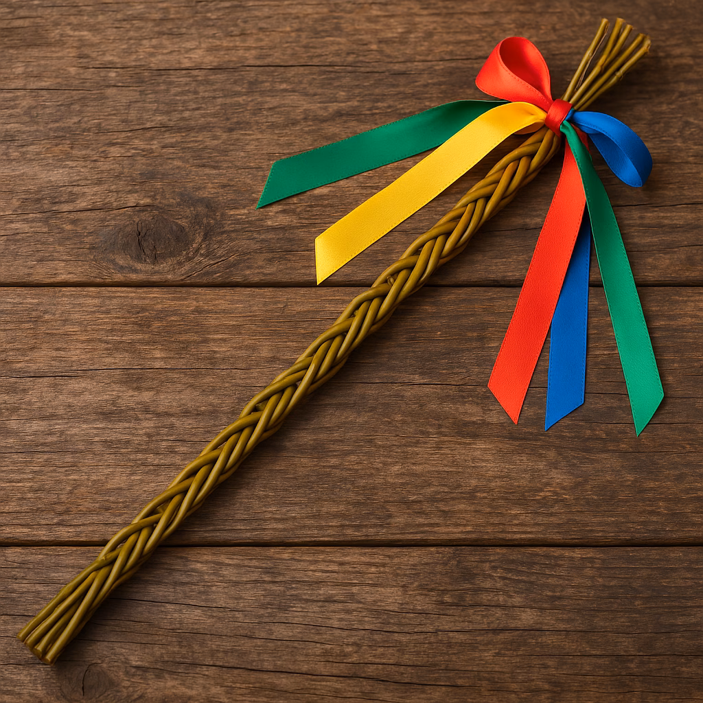 A close-up photo of a traditional pomlázka – a hand-braided switch made of fresh green willow twigs. The braids are tightly woven and end in colorful ribbons (red, yellow, green, and blue), which flutter in the breeze. It’s placed against a rustic wooden background, giving it that authentic Czech countryside vibe.