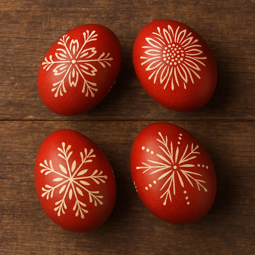 Four traditional Czech Easter eggs, known as kraslice, dyed deep red and decorated with intricate white wax-resist patterns, displayed on a rustic wooden table.