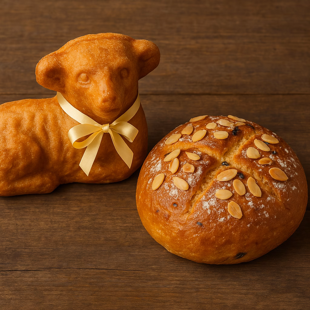 Traditional Czech Easter pastries on a rustic wooden table: a golden-brown lamb-shaped sponge cake called Beránek and a round, sweet Mazanec bread topped with sliced almonds and dusted with powdered sugar.