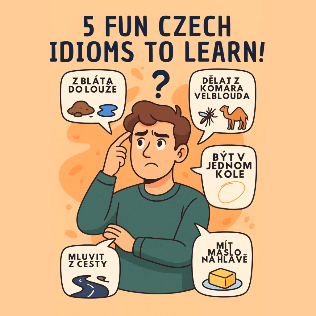 Cartoon-style illustration of a confused person surrounded by colorful Czech idioms flying around them, with the text "5 Fun Czech Idioms to Learn!" prominently displayed.