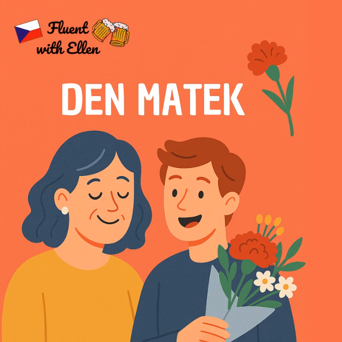 A cheerful flat-style illustration showing a mother and her adult son with flowers, celebrating Mother’s Day in the Czech Republic in a warm and affectionate scene.