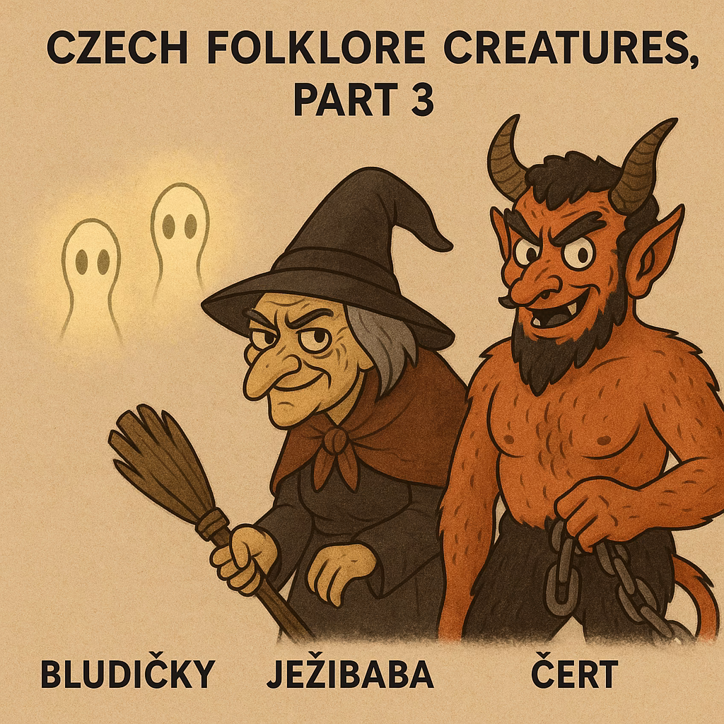 Illustration of three iconic Czech folklore figures: Bludičky (ghostly forest lights), Ježibaba (a crooked witch with a broom), and Čert (a red devil with horns and chains), drawn in a traditional cartoon style with bold outlines and a vintage paper background. Labeled in Czech.
