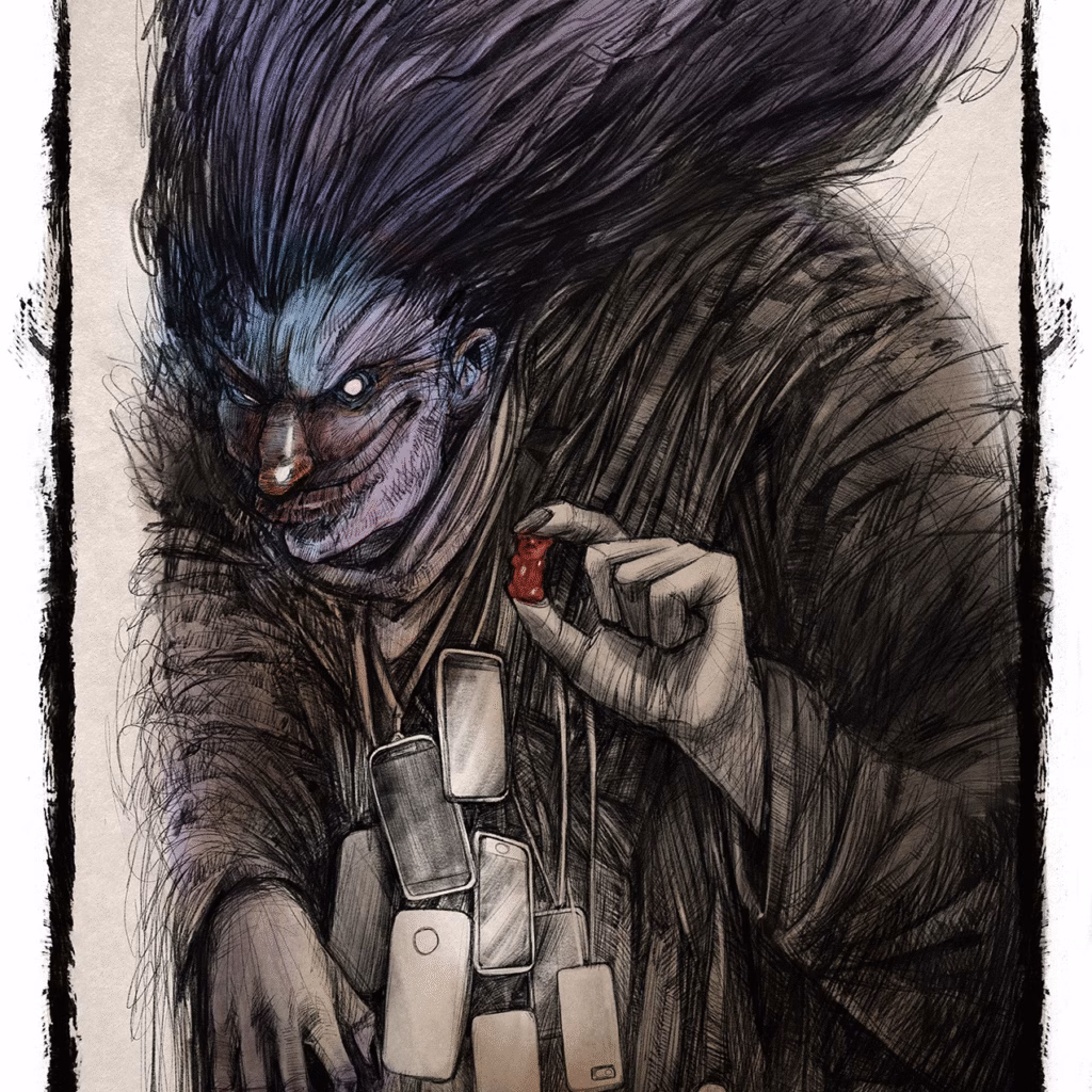 Illustration of Ježibaba, a witch from Czech folklore, with wild hair, a sinister grin, and talismans hanging from her neck, holding a red object.