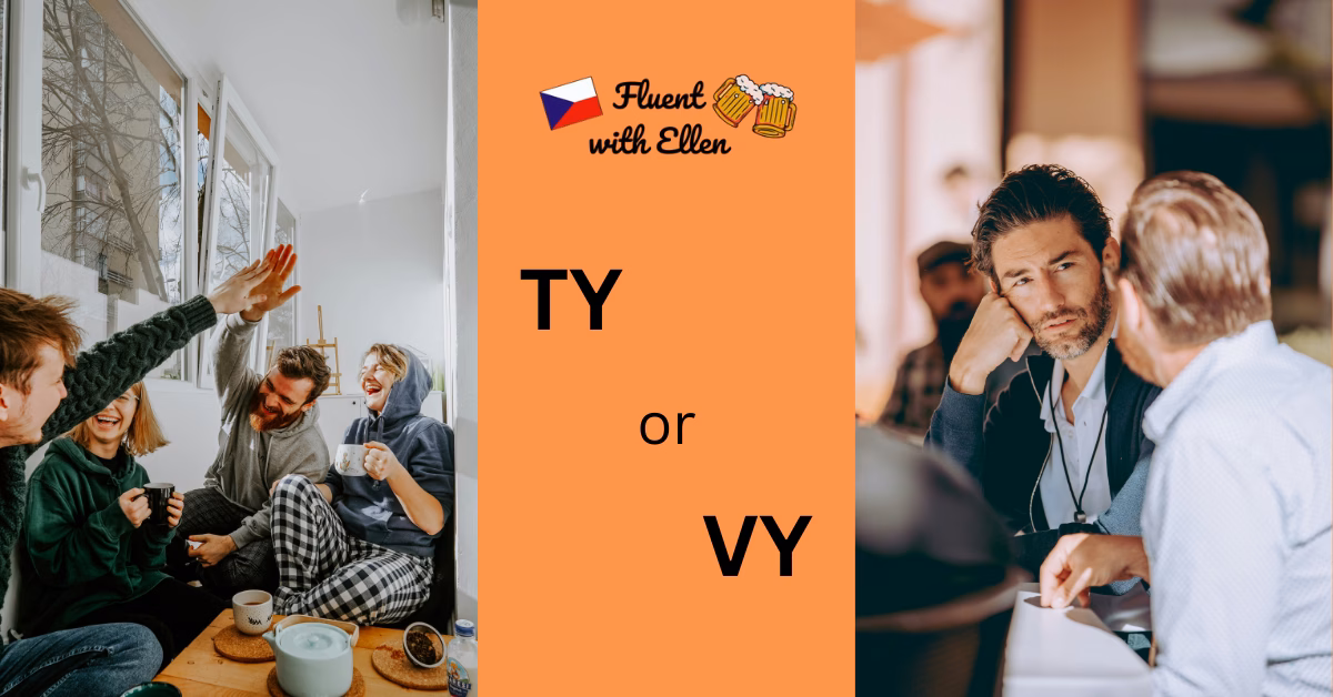 A picture of friends and then a picture of a business meeting with a "ty or vy" text in between and the Fluent with Ellen logo.