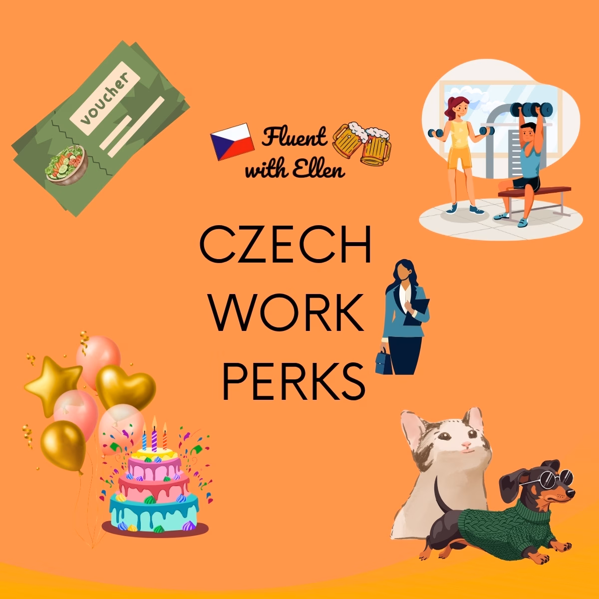 Illustrated featured image for Fluent with Ellen article on Czech work perks. Includes meal vouchers, gym benefits, birthday celebrations, office flexibility, and pet-friendly workplaces on an orange background.