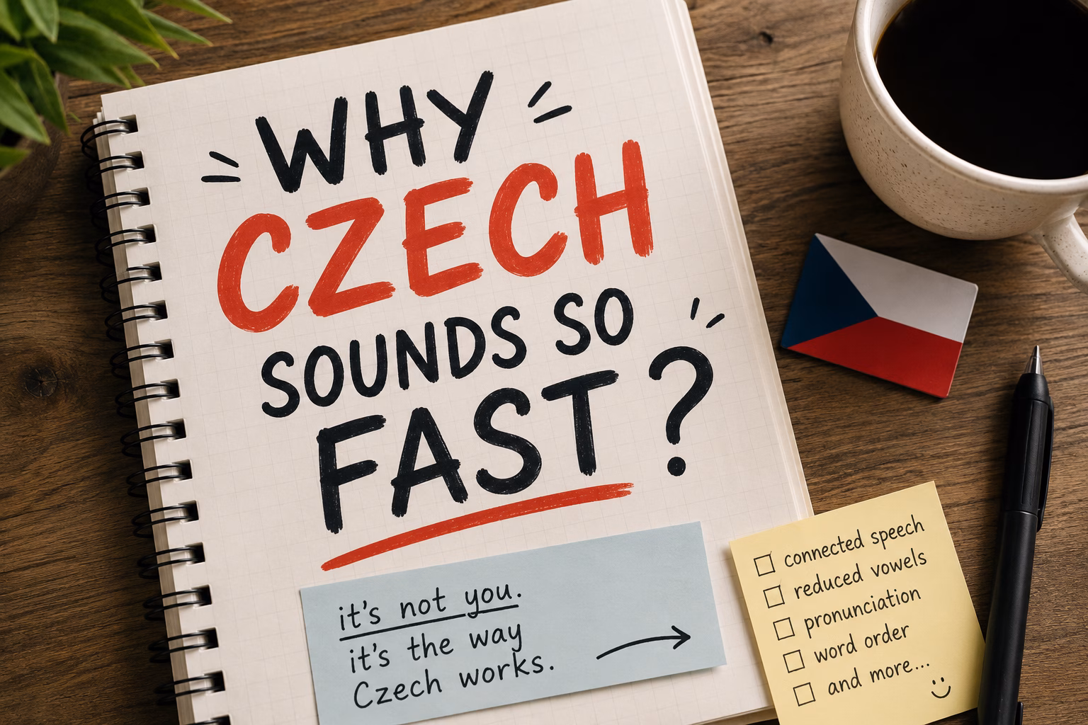 Illustration explaining why Czech sounds so fast to foreign learners, featuring connected speech, Czech pronunciation, and listening practice tips for understanding native speakers.